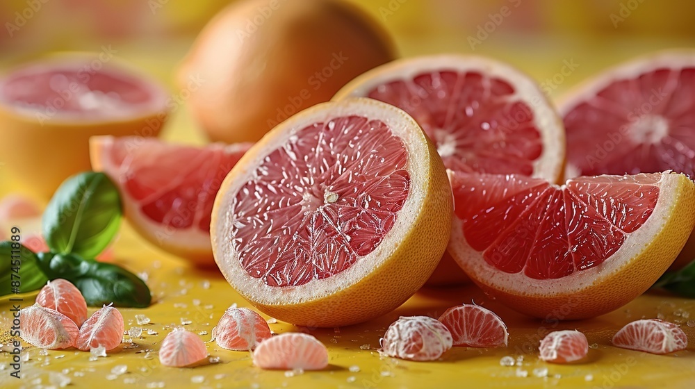 A half-cut grapefruit sits on a table with other grapefruits and fruits A half-cut grapefruit sits on a table with other grapefruits and fruits