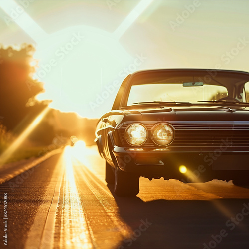 Stimmungsvolle Frontansicht eines amerikanischen Straßenkreuzers bei Sonnenuntergang. Heckflossen und viel Chrom.