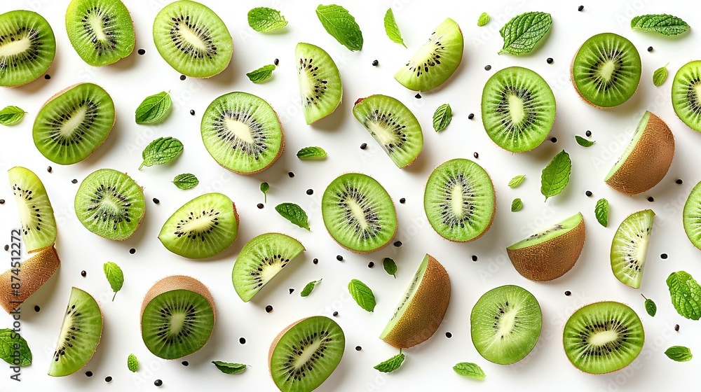 A kiwi in half on a white background with green foliage on top A kiwi in half on a white background with green foliage on top