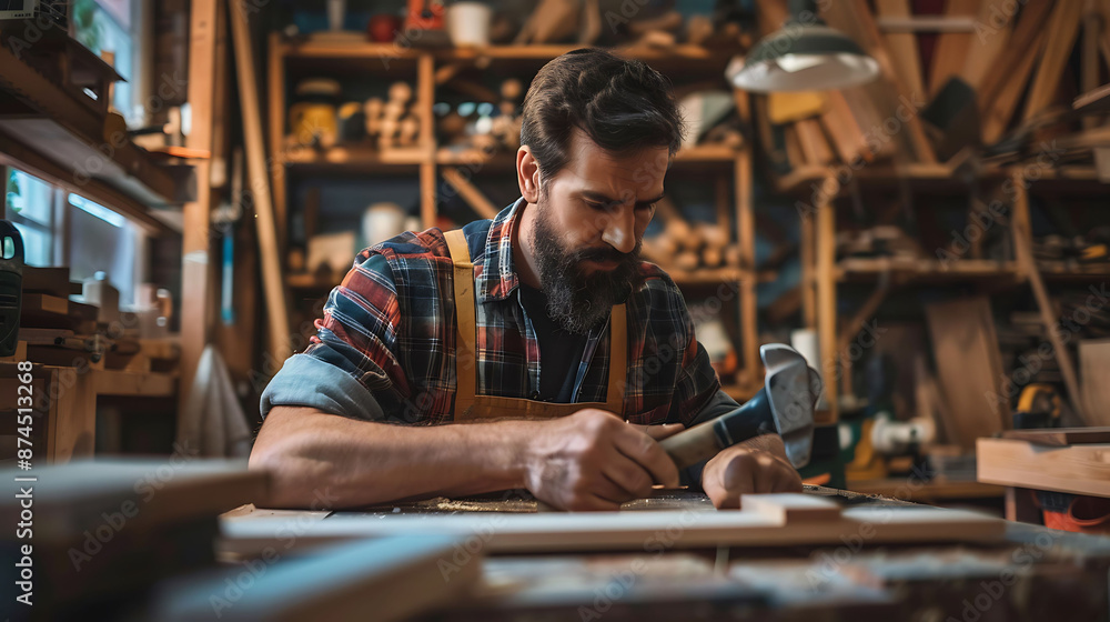 Focused Carpenter Working in a Woodshop with Hand Tools Focused Carpenter Working in a Woodshop with Hand Tools