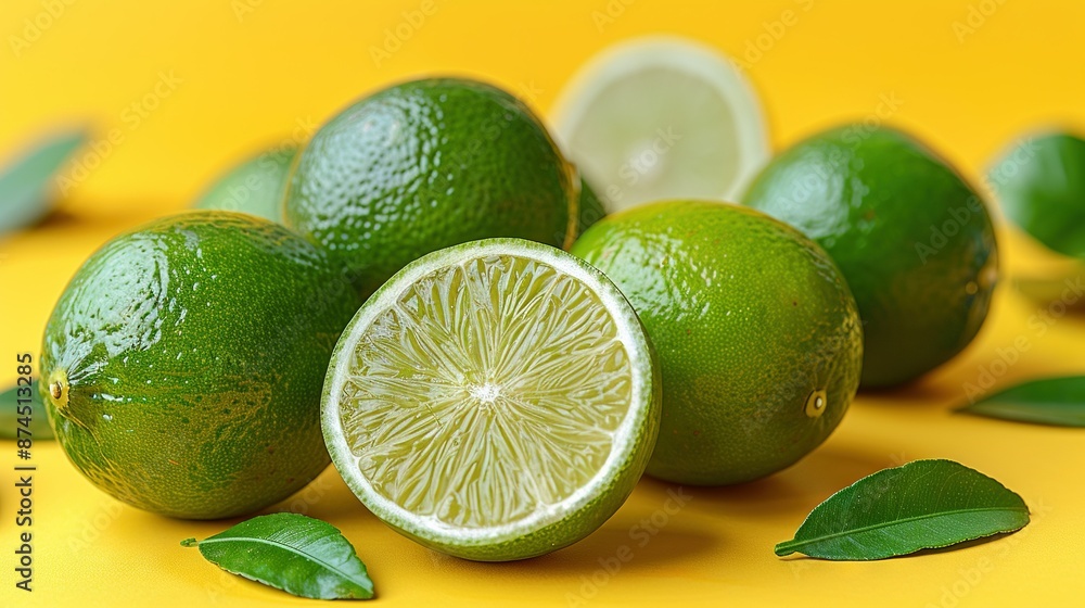A cluster of limes resting atop a yellow table with surrounding foliage and a lime wedge nearby A cluster of limes resting atop a yellow table with surrounding foliage and a lime wedge nearby