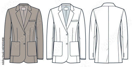  Classic Jacket technical fashion illustration. Blazer fashion flat technical drawing template, front and back view, white, beige color, women, men, unisex CAD mockup set.
