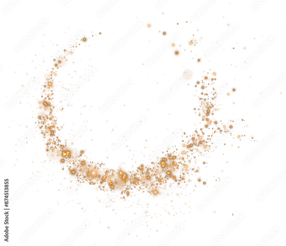 Gold glitter particle swirl circle effect. Sparkling light twirl of glowing glittering particles whirl texture. Space stardust round shine or wind wave spin with glow tail. PNG. Gold glitter particle swirl circle effect. Sparkling light twirl of glowing glittering particles whirl texture. Space stardust round shine or wind wave spin with glow tail. PNG.