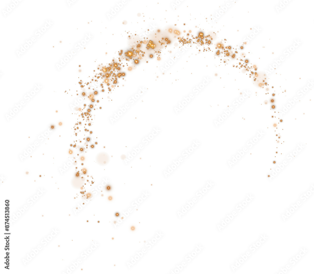 Obraz premium Gold glitter particle swirl circle effect. Sparkling light twirl of glowing glittering particles whirl texture. Space stardust round shine or wind wave spin with glow tail. PNG.