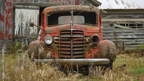 Rusty vintage truck parked in overgrown field near weathered barns