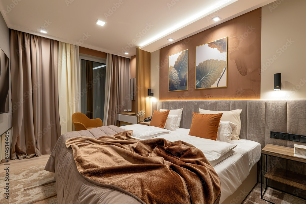 Fototapeta premium A bed with a brown comforter and pillows, and a lamp on the nightstand, generative ai image.