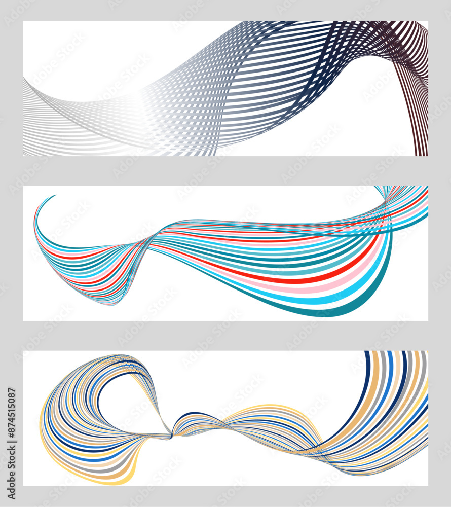 Wavy lines or ribbons. Set of 3 backgrounds. Multicolored striped gradient. Creative unusual background with abstract gradient wave lines to create a trendy banner, poster. vector eps Wavy lines or ribbons. Set of 3 backgrounds. Multicolored striped gradient. Creative unusual background with abstract gradient wave lines to create a trendy banner, poster. vector eps