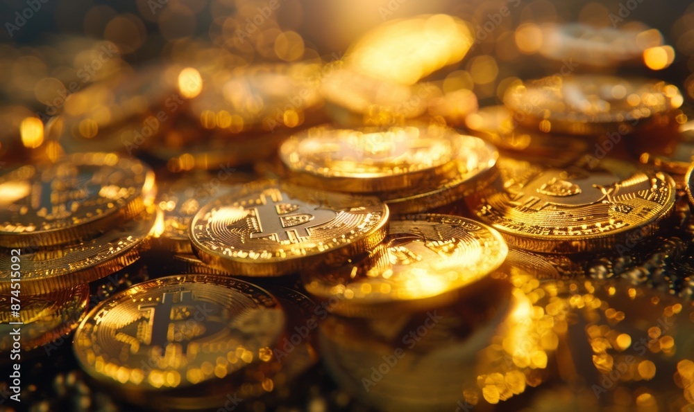 Bitcoin Cryptocurrency represented as Gold Coins. Digital Banking Background. Bitcoin Cryptocurrency represented as Gold Coins. Digital Banking Background.