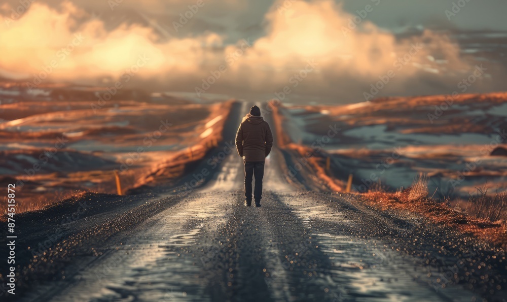 Man alone in a lonely road at sunset Man alone in a lonely road at sunset