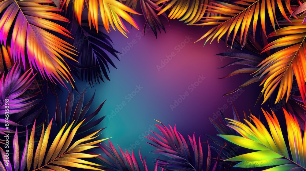 multicolored summer background made of palm leaves with space for text in the middle. multicolored summer background made of palm leaves with space for text in the middle.