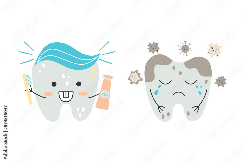 Fototapeta premium Illustration featuring tooth characters: one healthy, smiling tooth and another sad tooth with cavities. Ideal for dental care education, children's materials, and health promotions.