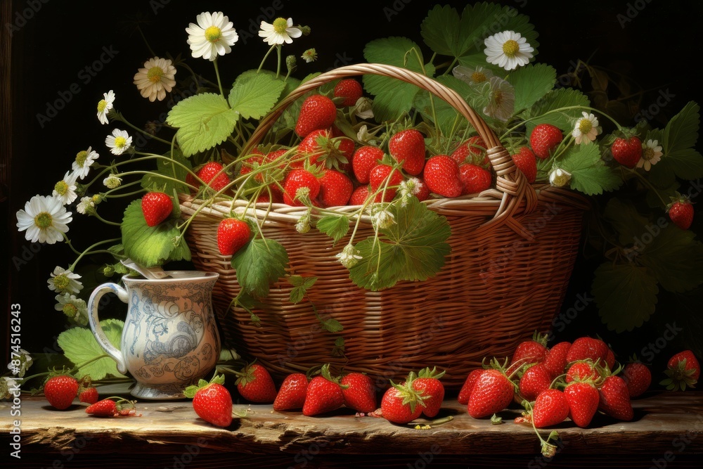 Still life of ripe strawberries and white daisies in a wicker basket beside a ceramic jug, on a wood surface Still life of ripe strawberries and white daisies in a wicker basket beside a ceramic jug, on a wood surface