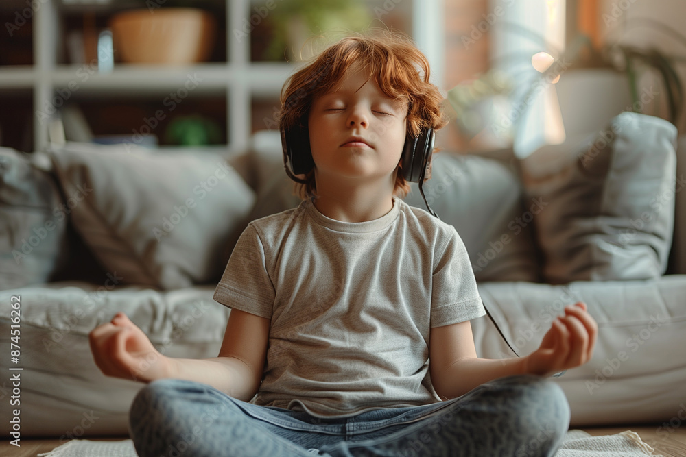 Obraz premium Small boy practicing yoga at home, sitting in easy seat pose, her eyes closed, meditation