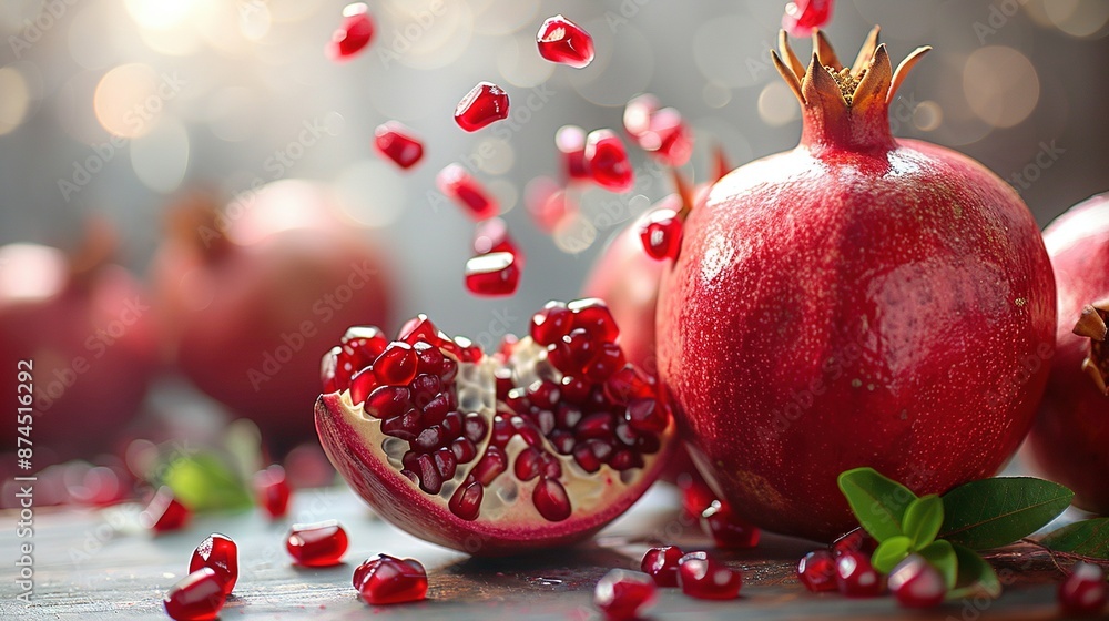 A close-up of a pomegranate on a table surrounded by other pomegranates A close-up of a pomegranate on a table surrounded by other pomegranates