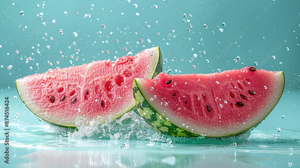 Slice of watermelon splashes into water Slice of watermelon splashes into water