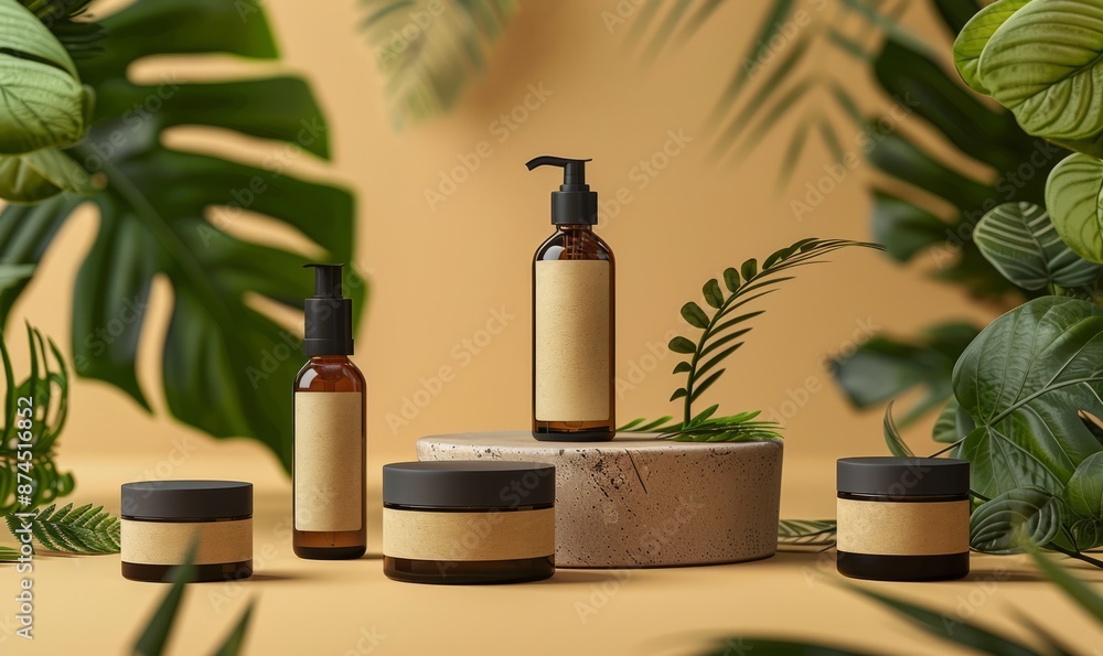 Skincare Product Template with Natural Elements. Cosmetics with Blank Product Labels Skincare Product Template with Natural Elements. Cosmetics with Blank Product Labels