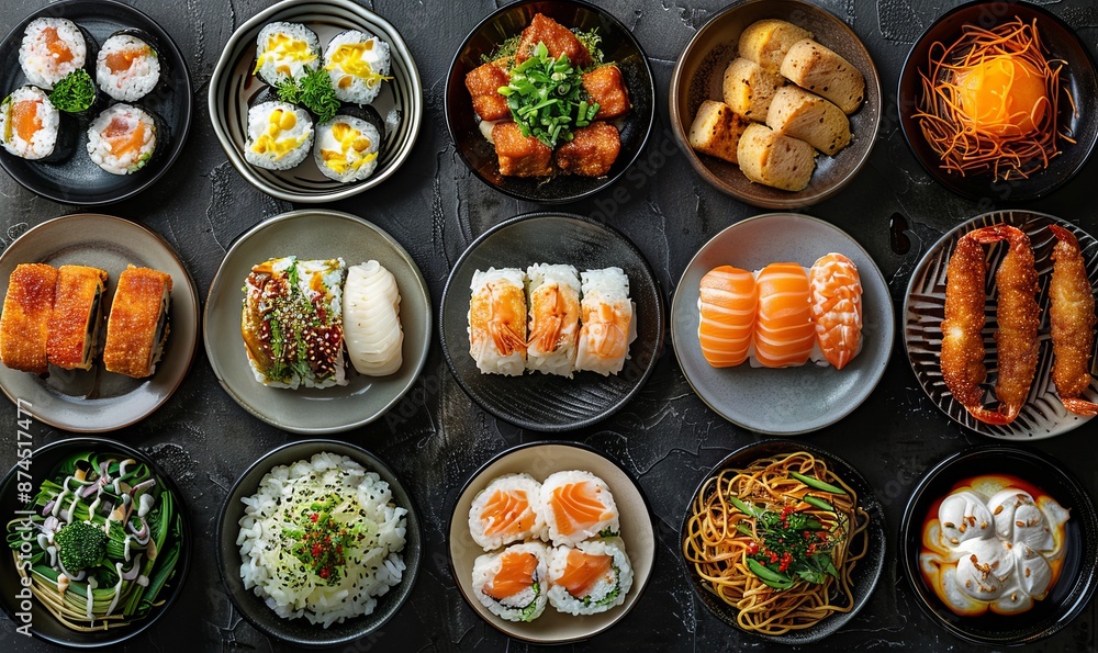 A variety of sushi dishes are displayed on plates in a restaurant. The plates are arranged in a way that showcases the different types of sushi and the variety of ingredients used A variety of sushi dishes are displayed on plates in a restaurant. The plates are arranged in a way that showcases the different types of sushi and the variety of ingredients used