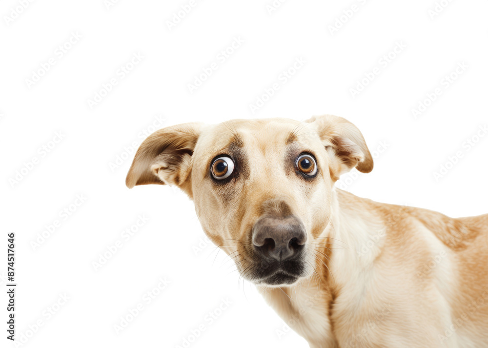 Extreme close up of funny shocked surprised labrador dog with opened wide eyes on white background. Extreme close up of funny shocked surprised labrador dog with opened wide eyes on white background.