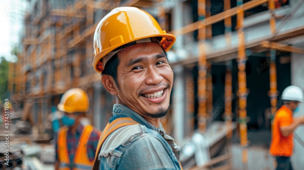 Construction Worker Smiling at the Camera During a Daytime Project. Generative AI Construction Worker Smiling at the Camera During a Daytime Project. Generative AI
