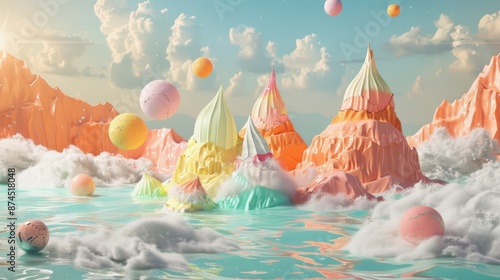 A surreal summer landscape with melting ice cream mountains, floating beach balls, and abstract sun rays.