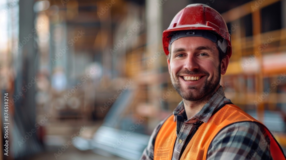 Construction Worker Smiling at a Construction Site. Generative AI Construction Worker Smiling at a Construction Site. Generative AI