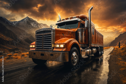 A truck is driving along the road against the background of a red sunset, a dark dramatic sky © soleg