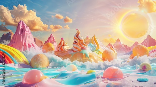 A surreal summer landscape with melting ice cream mountains, floating beach balls, and abstract sun rays.