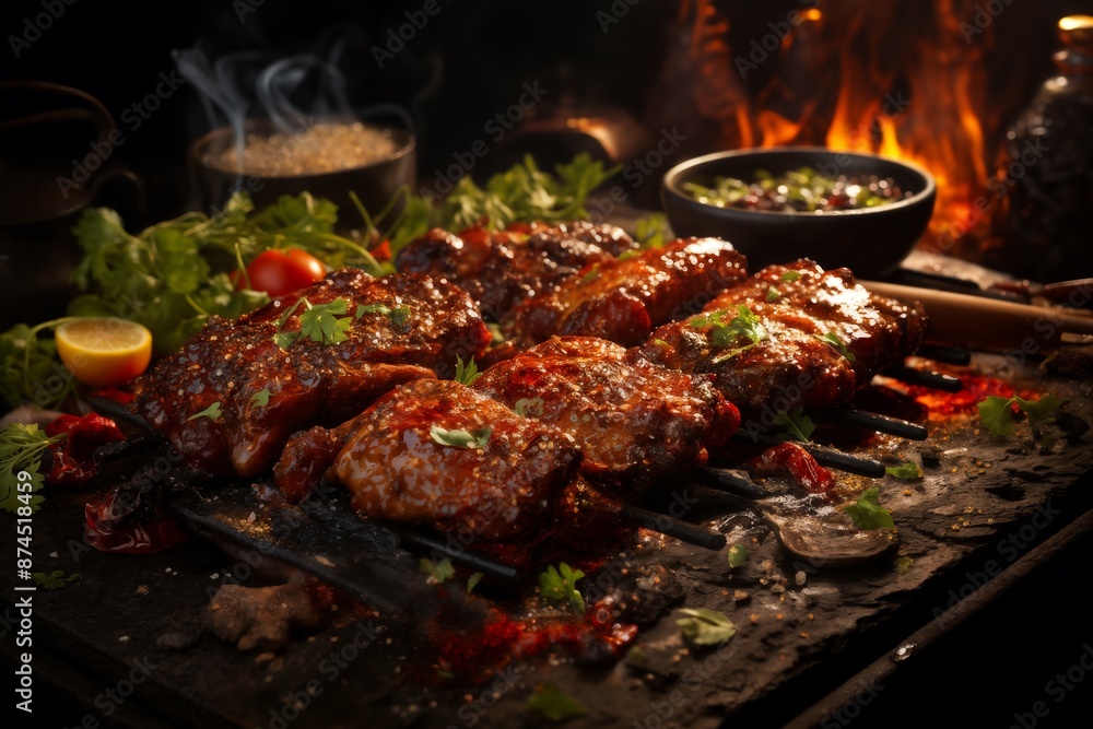 cooking meat with vegetables and herbs on fire, barbecue, flames and smoke, delicious food cooking meat with vegetables and herbs on fire, barbecue, flames and smoke, delicious food