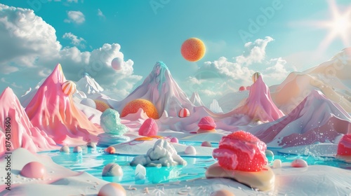 A surreal summer landscape with melting ice cream mountains, floating beach balls, and abstract sun rays.