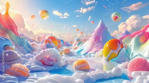 A surreal summer landscape with melting ice cream mountains, floating beach balls, and abstract sun rays.