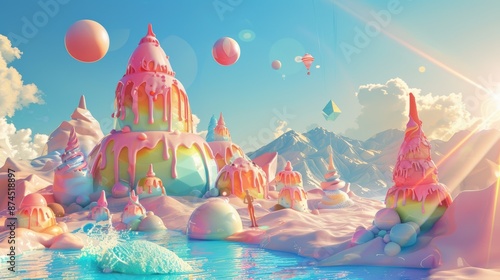 A surreal summer landscape with melting ice cream mountains, floating beach balls, and abstract sun rays. photo