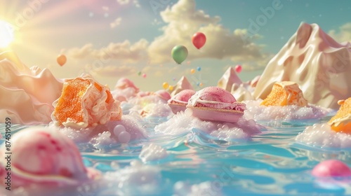 A surreal summer landscape with melting ice cream mountains, floating beach balls, and abstract sun rays.