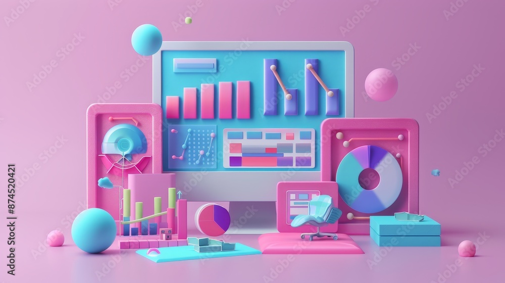 3D illustration for online marketing concept. Icons like charts, graphs, and computer display for market research and business promotions. A vector illustration for modern web designs.