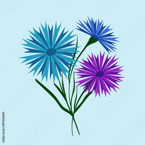 Wallpaper Mural Bouquet of blue and purple field cornflowers. Beautiful flower with buds. Vector illustration. Belarusian style. For design, print and postcards. Torontodigital.ca
