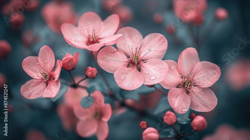  A collage featuring vibrant pink blossoms on water droplets against an expansive backdrop of blue, green, and pink © Nadia