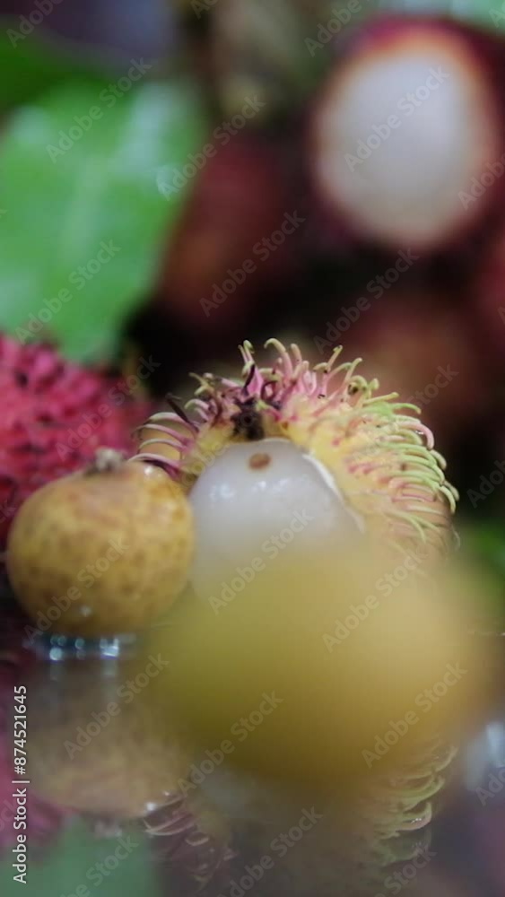Rambutan and longan Longan with leaves is one of the better-known tropical fruits of the Thailand with branch in wicker baskets for sale. Its ping-pong sized fruits lychees and rambutans.