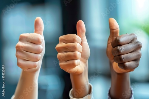 People showing thumbs up close-up on hands. Hands showing thumb with blurred background.