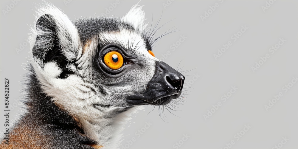 Close-up of a lemur with bright orange eyes against a light grey background Close-up of a lemur with bright orange eyes against a light grey background