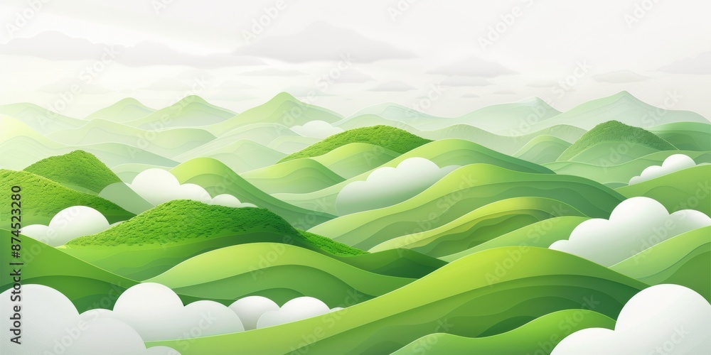 Abstract landscape with green hills and clouds in bright colors and smooth lines Abstract landscape with green hills and clouds in bright colors and smooth lines
