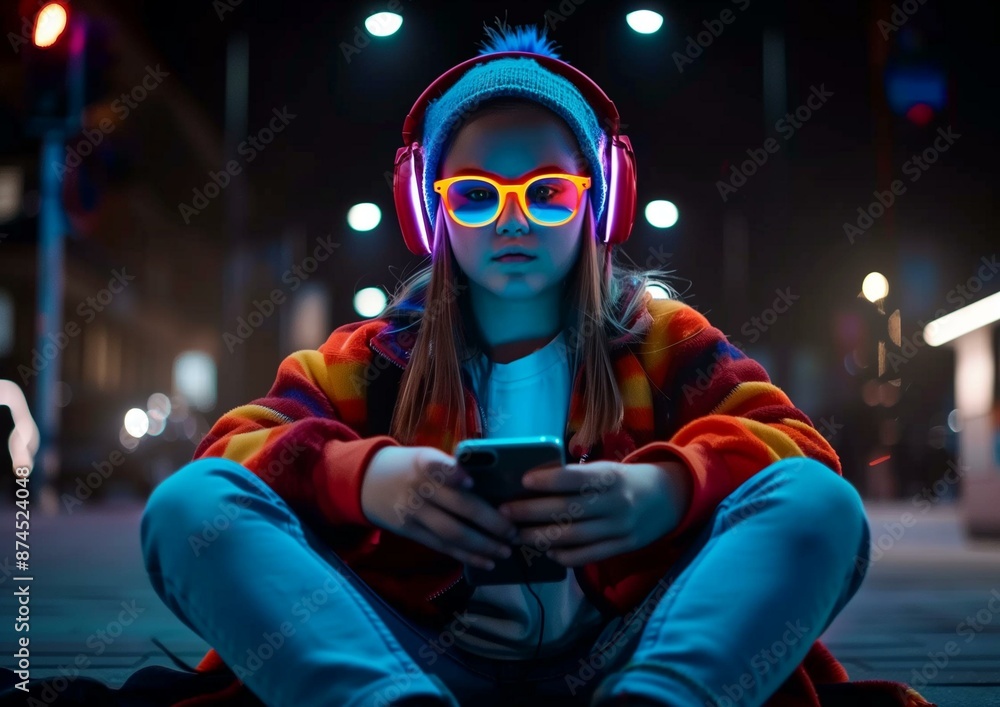 Vibrant Night Scene of Teenage Girl in Neon Glasses and Bright Headphones Using Smartphone for Social Media. Vibrant Night Scene of Teenage Girl in Neon Glasses and Bright Headphones Using Smartphone for Social Media.