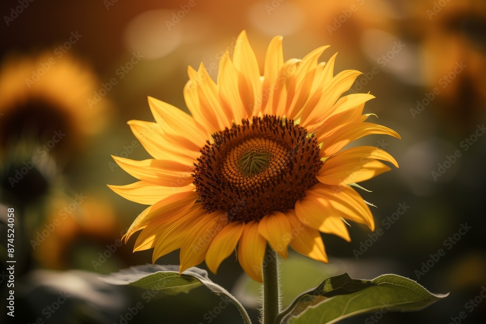 Fototapeta premium Vibrant golden hour sunflower bloom glowing in the warm sunlight of a summer evening, showcasing the natural beauty and botanical wonder of blooming flora in a serene rural field setting