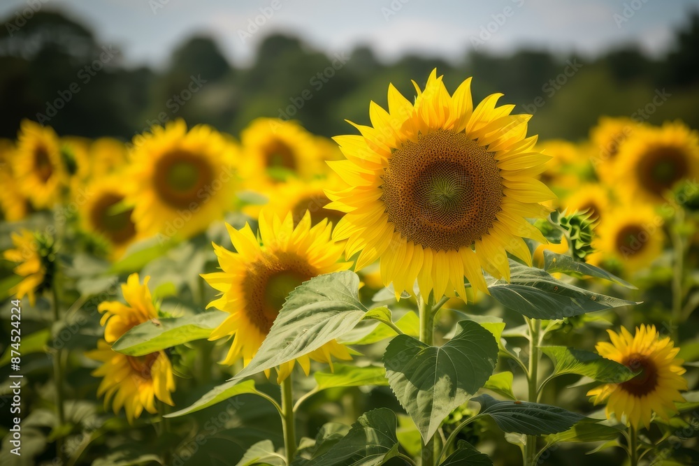 Bright sunflowers dominate the scene with lush greenery in a sunny field Bright sunflowers dominate the scene with lush greenery in a sunny field