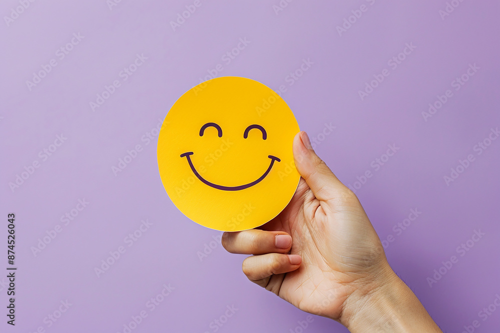 A hand holding a yellow smiley face cutout against a purple background, illustrating the concept of happiness, positivity, and mental health awareness with ample space for copy. A hand holding a yellow smiley face cutout against a purple background, illustrating the concept of happiness, positivity, and mental health awareness with ample space for copy.