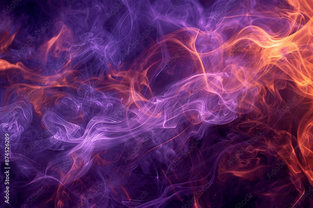 Colorful swirls of smoke in shades of purple and orange on a dark background. The abstract shapes and flowing lines create a dynamic and mesmerizing visual effect. Colorful swirls of smoke in shades of purple and orange on a dark background. The abstract shapes and flowing lines create a dynamic and mesmerizing visual effect.