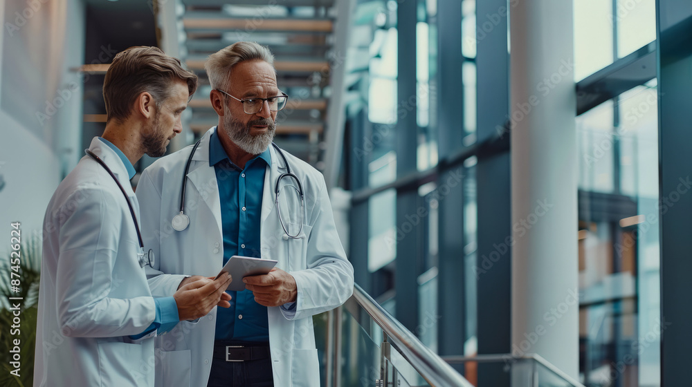 Doctors in discussion in modern hospital, holding tablet, wearing lab coats Doctors in discussion in modern hospital, holding tablet, wearing lab coats