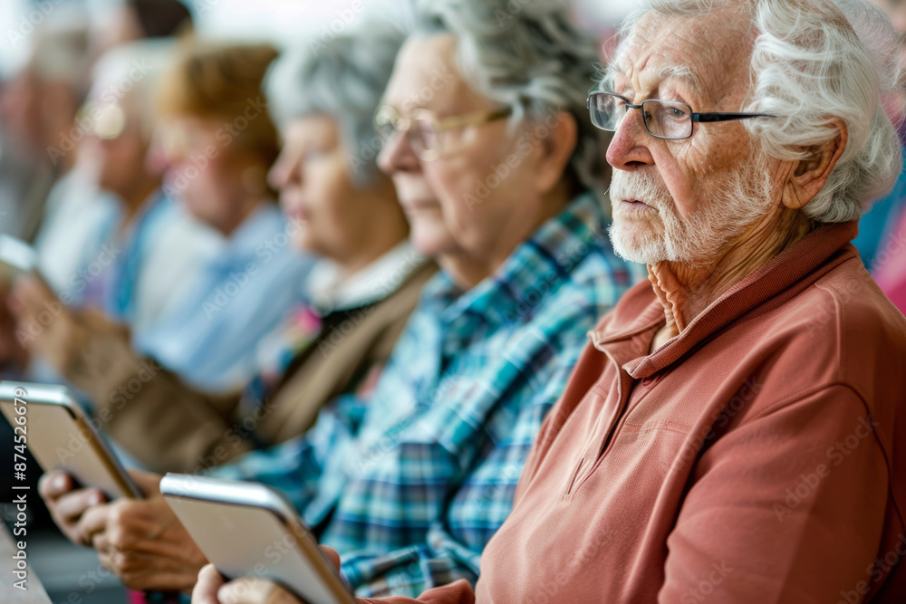 Group of seniors attending a class to learn how to use tablets Group of seniors attending a class to learn how to use tablets