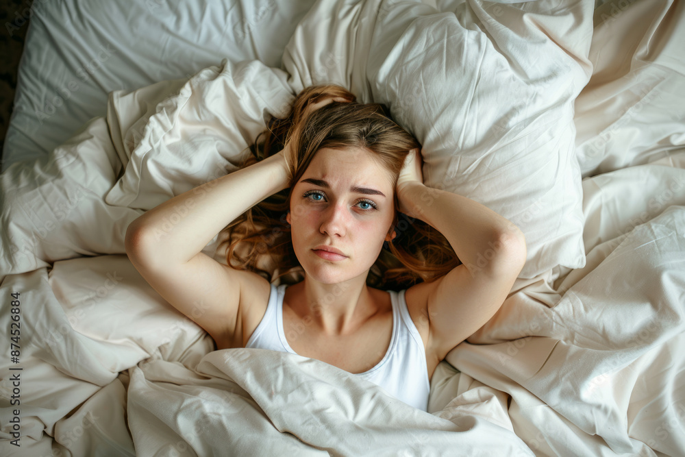 Young woman lying in bed, looking distressed and unable to sleep Young woman lying in bed, looking distressed and unable to sleep