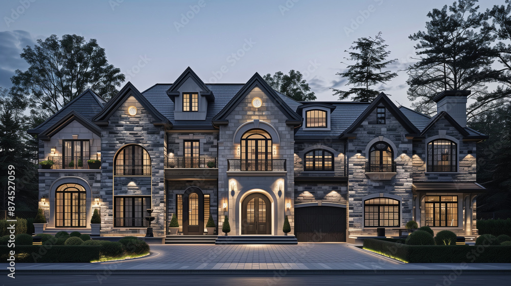 A large, elegant stone and wood house with warm lighting, featuring a symmetrical design with arched windows and gables
A large, elegant stone and wood house with warm lighting, featuring a symmetrical design with arched windows and gables