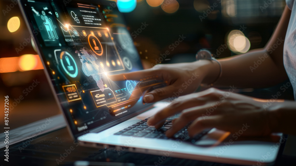 Hands Using Laptop with Futuristic Digital Interface in Low Light Hands Using Laptop with Futuristic Digital Interface in Low Light