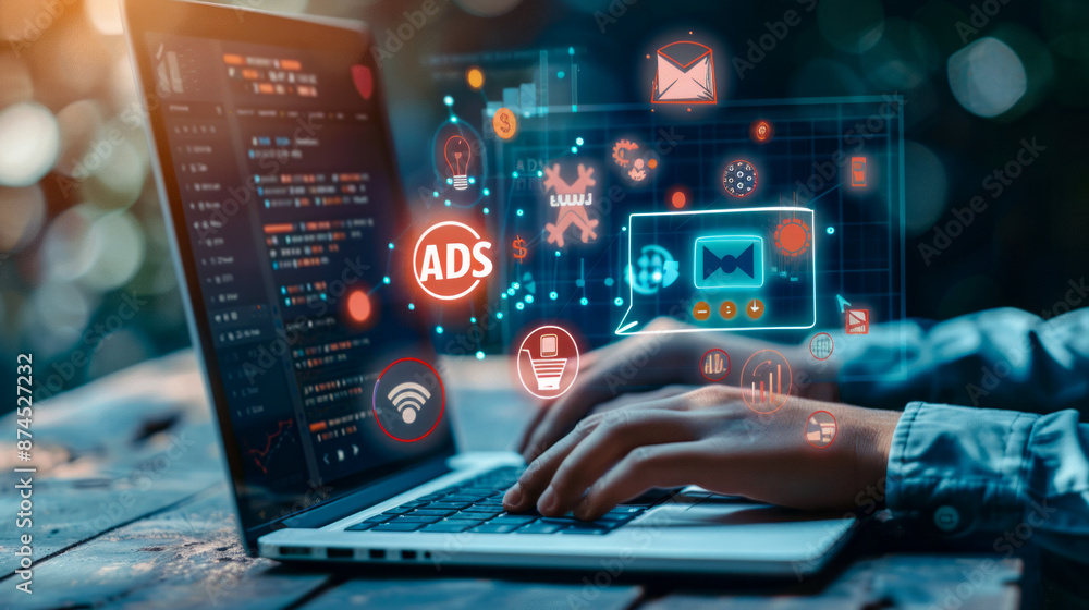 Fototapeta premium Hands coding on laptop with cyber security and digital advertising icons